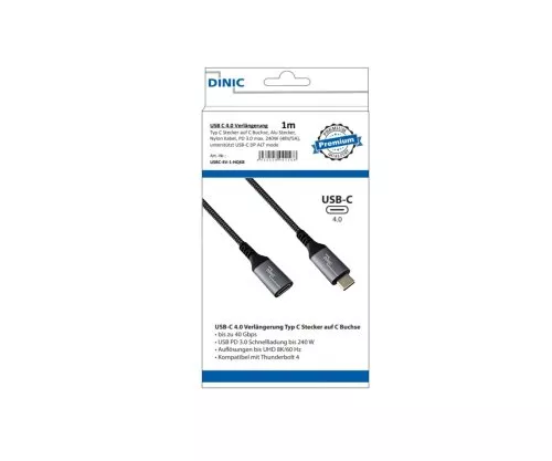 DINIC USB 4.0 Extension, 240W PD, 40Gbps, 1m Type C to C, Aluminum Connector, Nylon Cable, DINIC Box.